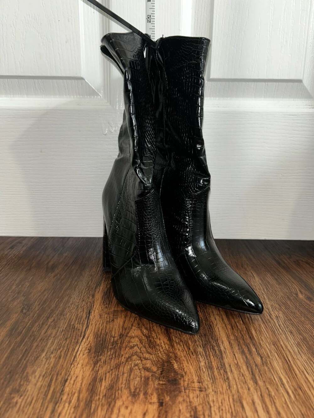 Black Faux Croc Pointed Toe Block Heel Boots Size 38
